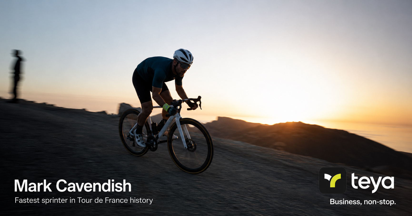 Mark Cavendish — fastest sprinter in Tour de France history. Teya. Business, non-stop.